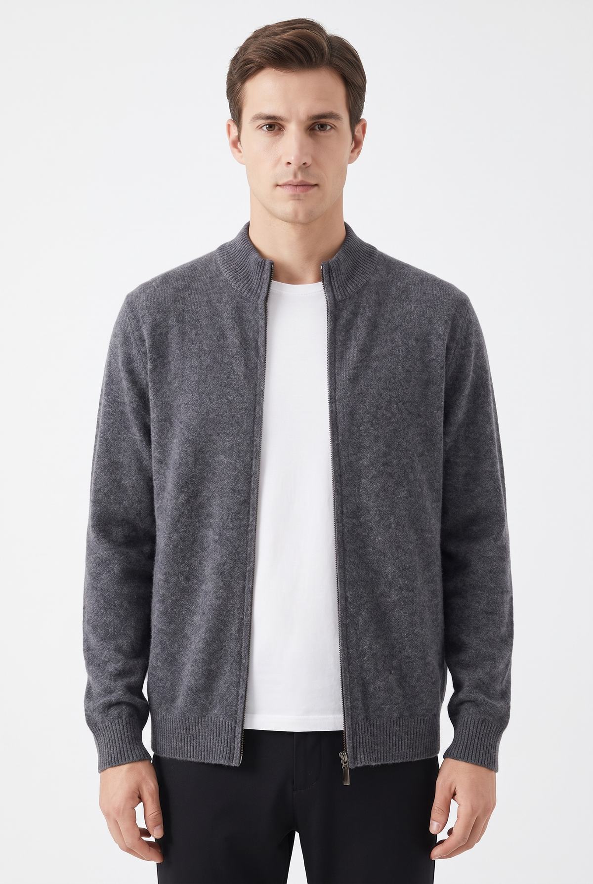 Wool mock-neck zip cardigan - Mörkgrå