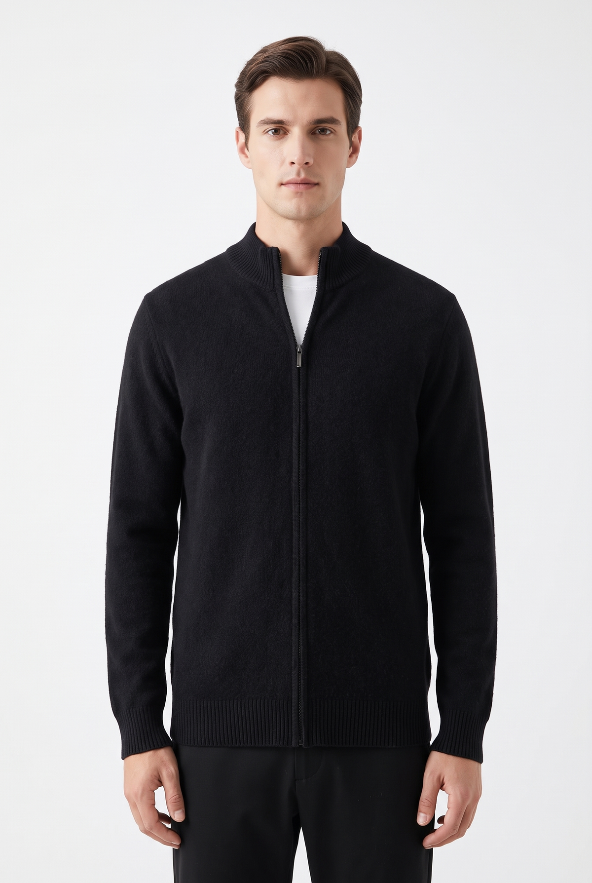 Wool mock-neck zip cardigan - Svart
