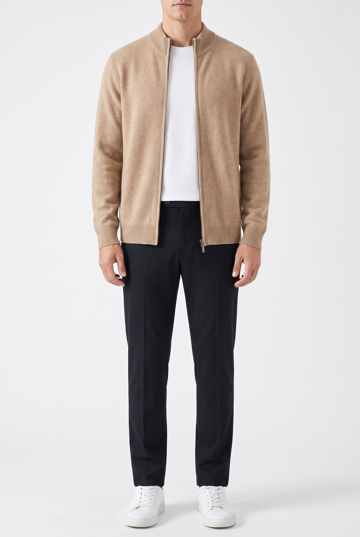 Wool mock-neck zip cardigan - Ljus kamel
