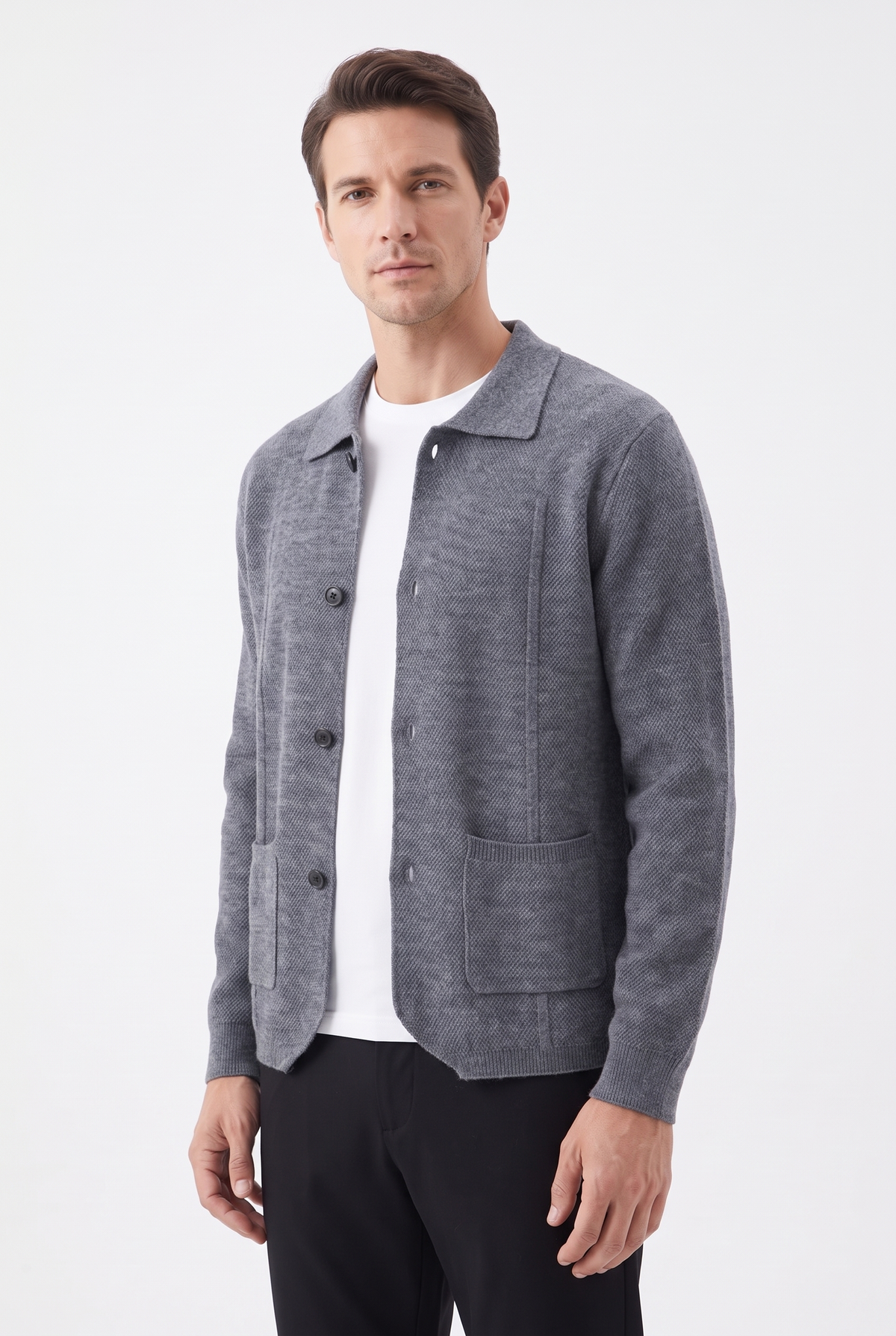 Stickad Overshirt i Ull - Grå