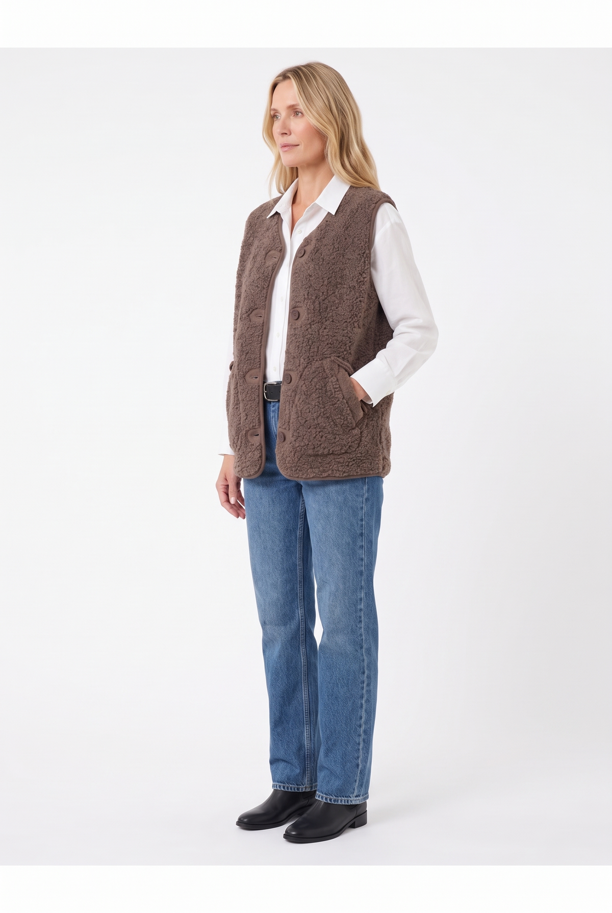 Väst i Teddyfleece med Knäppning - Brun