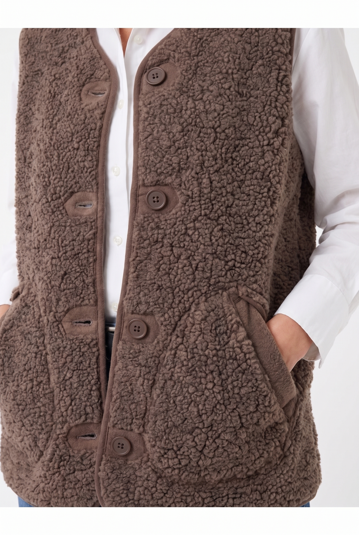 Väst i Teddyfleece med Knäppning - Brun