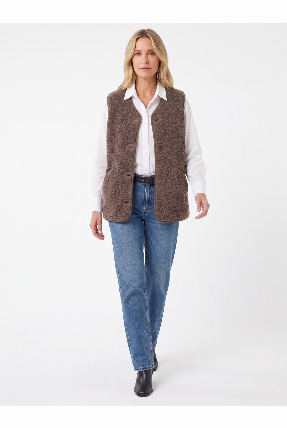 Väst i Teddyfleece med Knäppning - Brun