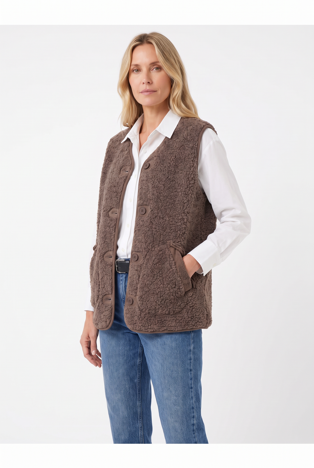 Väst i Teddyfleece med Knäppning - Brun