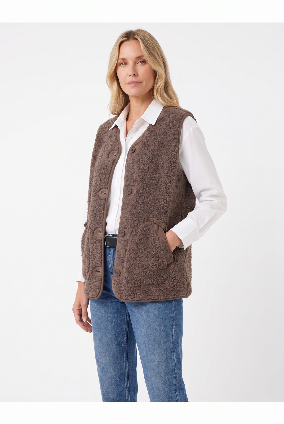 Väst i Teddyfleece med Knäppning - Brun