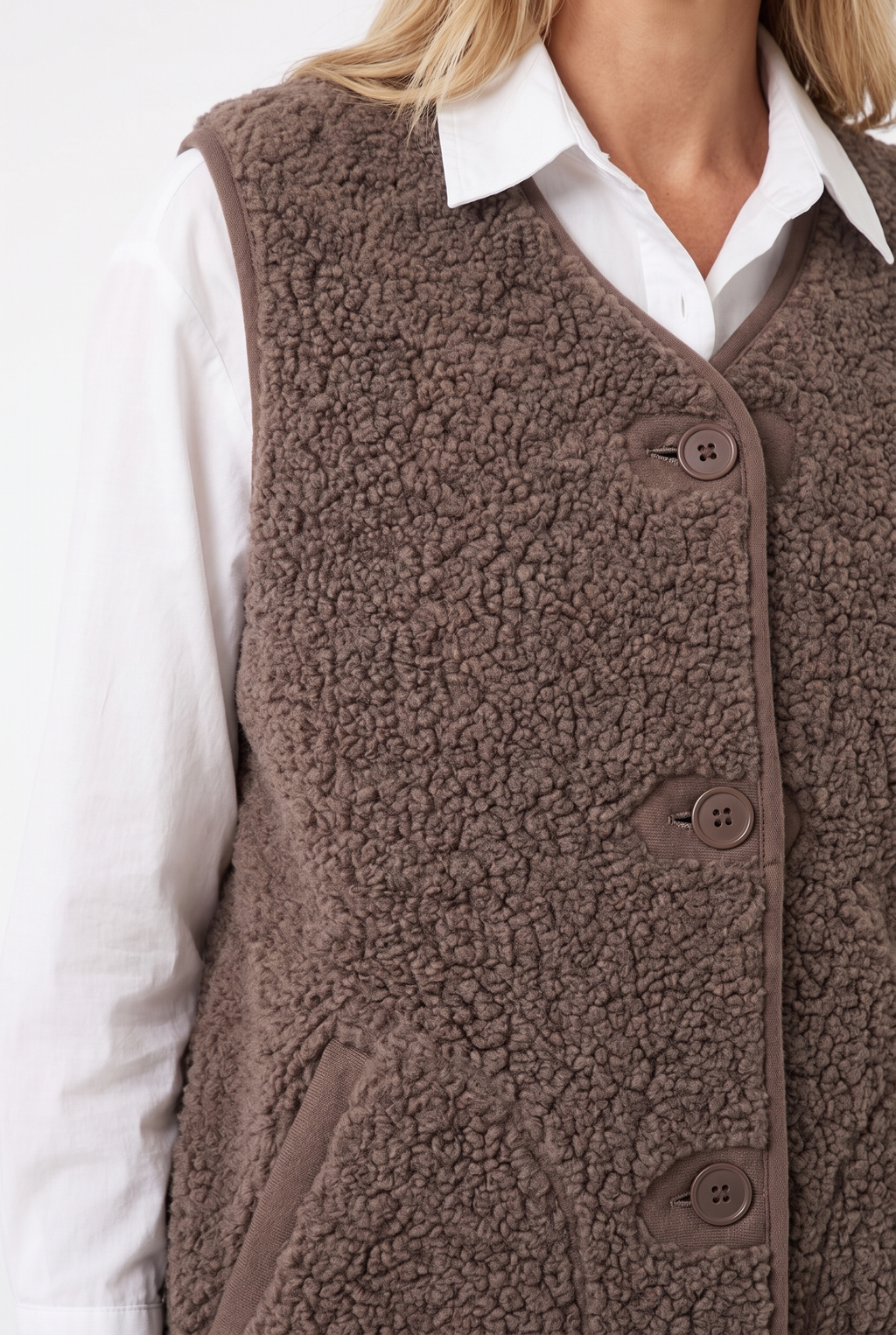Väst i Teddyfleece med Knäppning - Brun