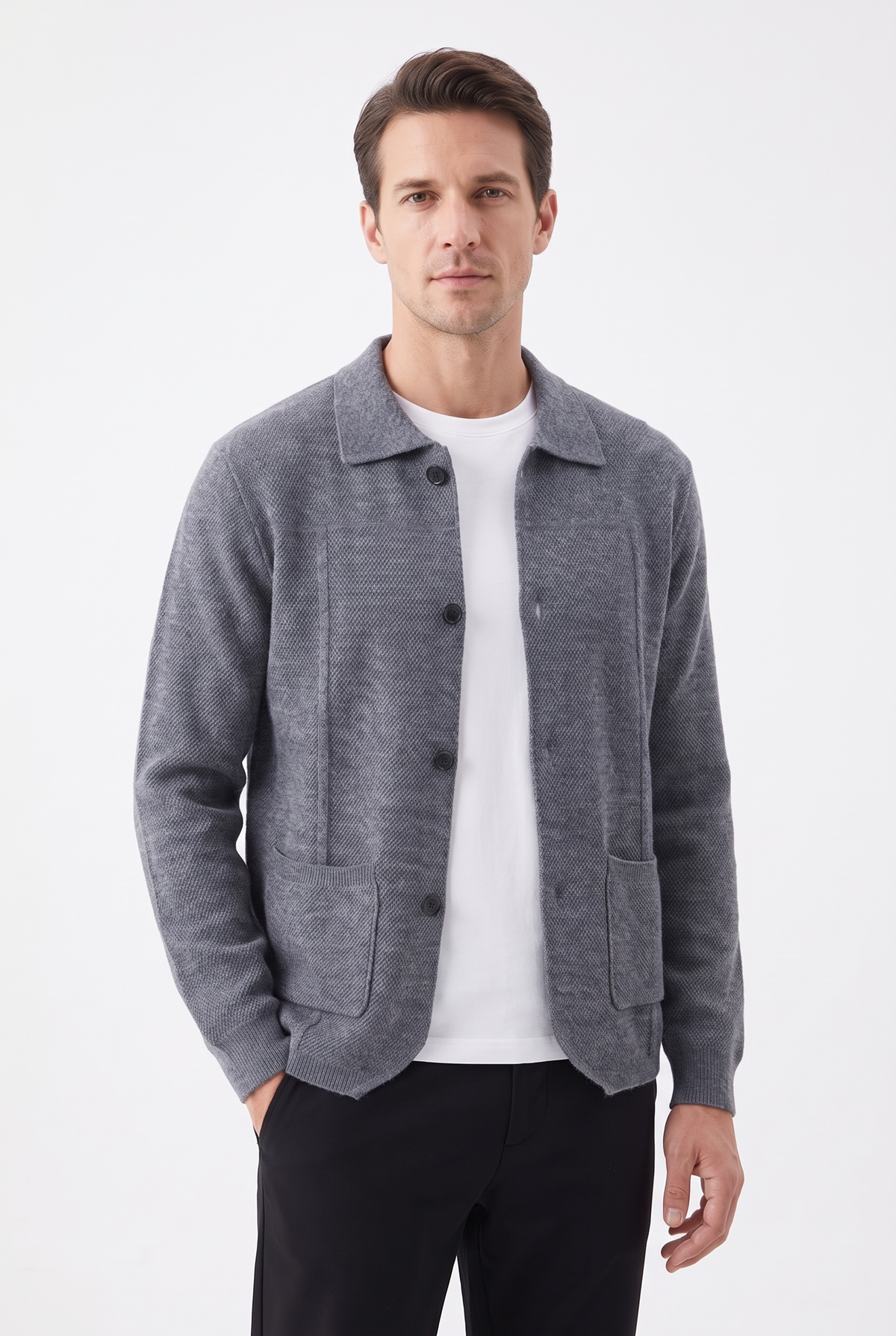 Stickad Overshirt i Ull - Grå