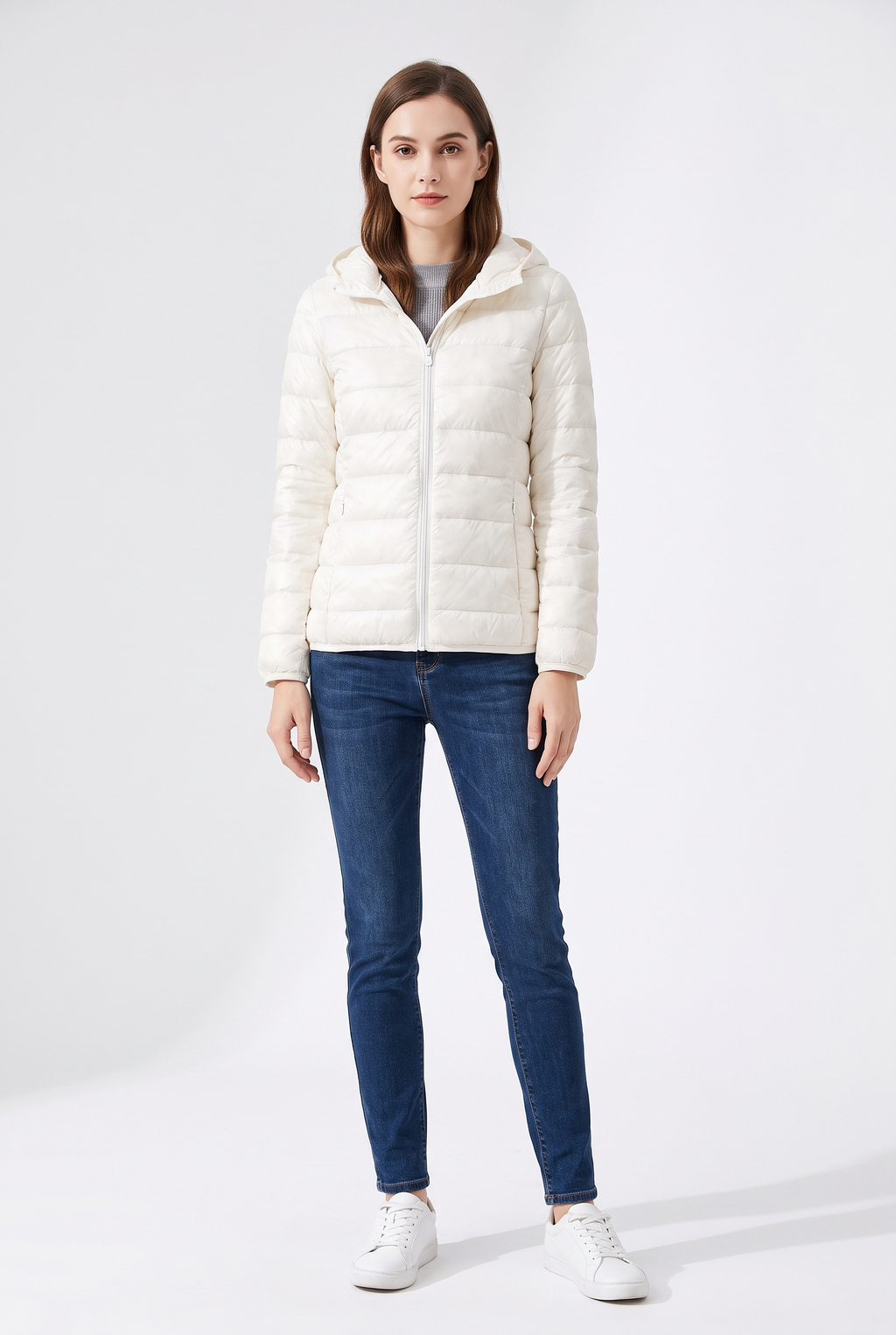 Lätt Dunjacka med Luva - Beige white
