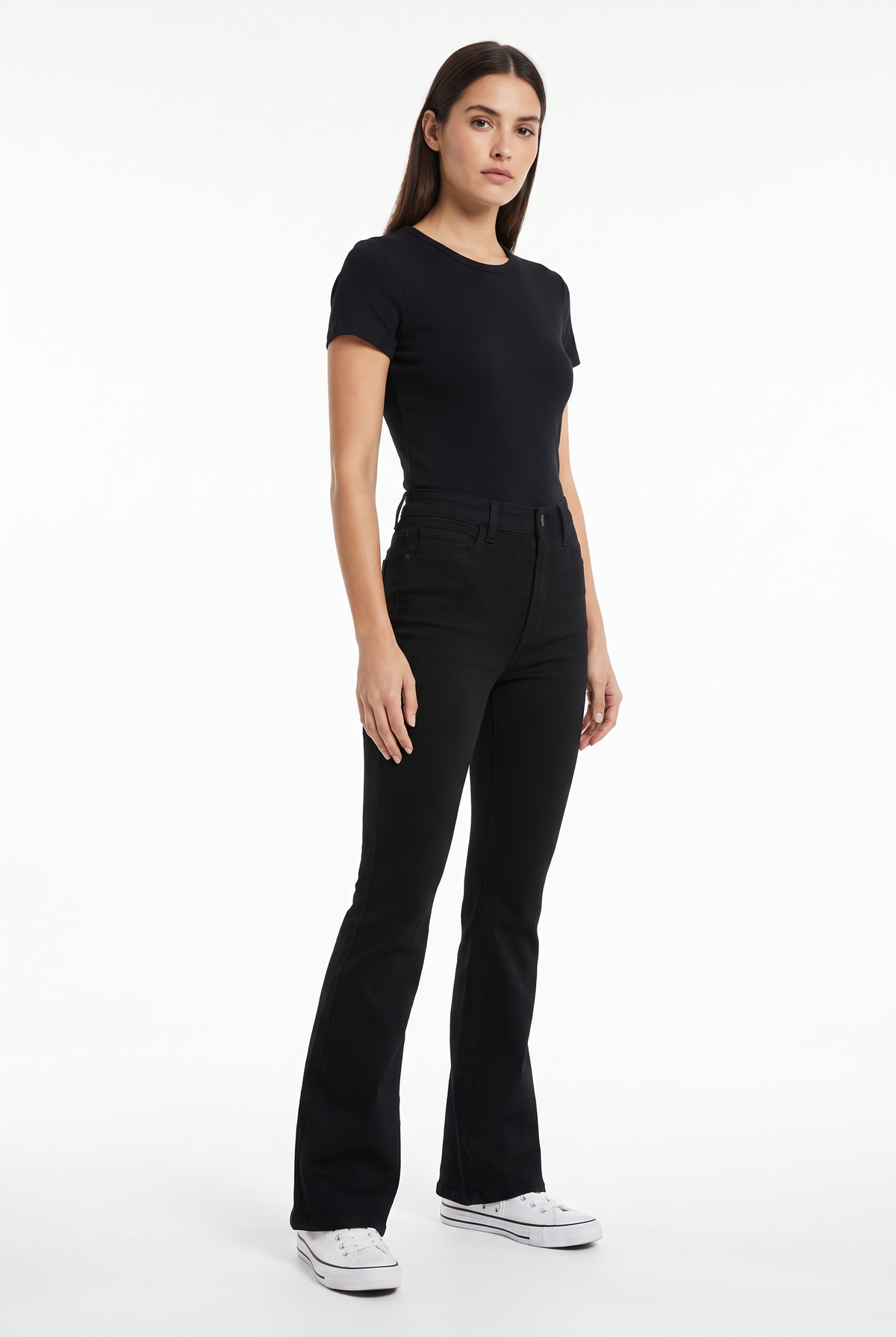 Flarejeans med Hög Midja i Stretchdenim - Svart