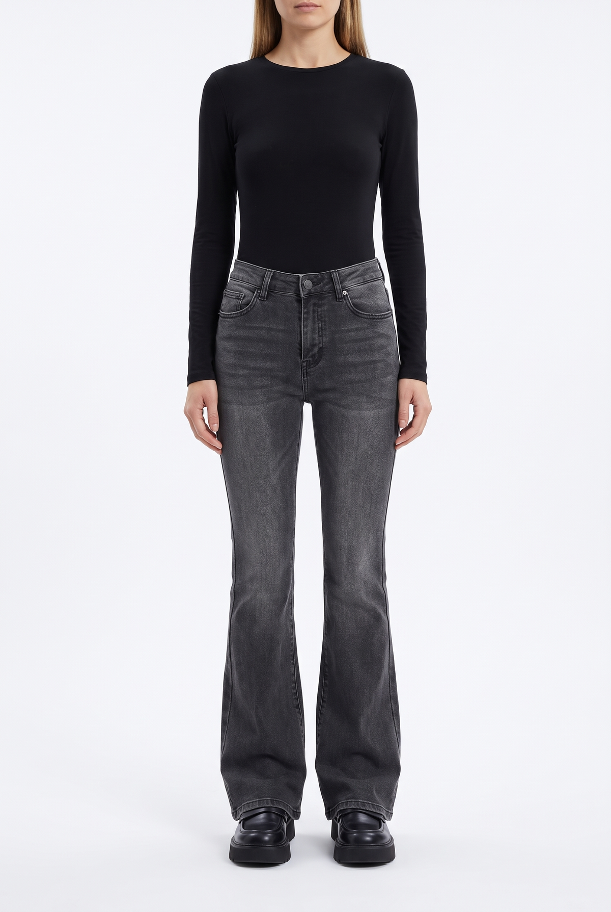 Flarejeans med Hög Midja i Stretchdenim - Grå