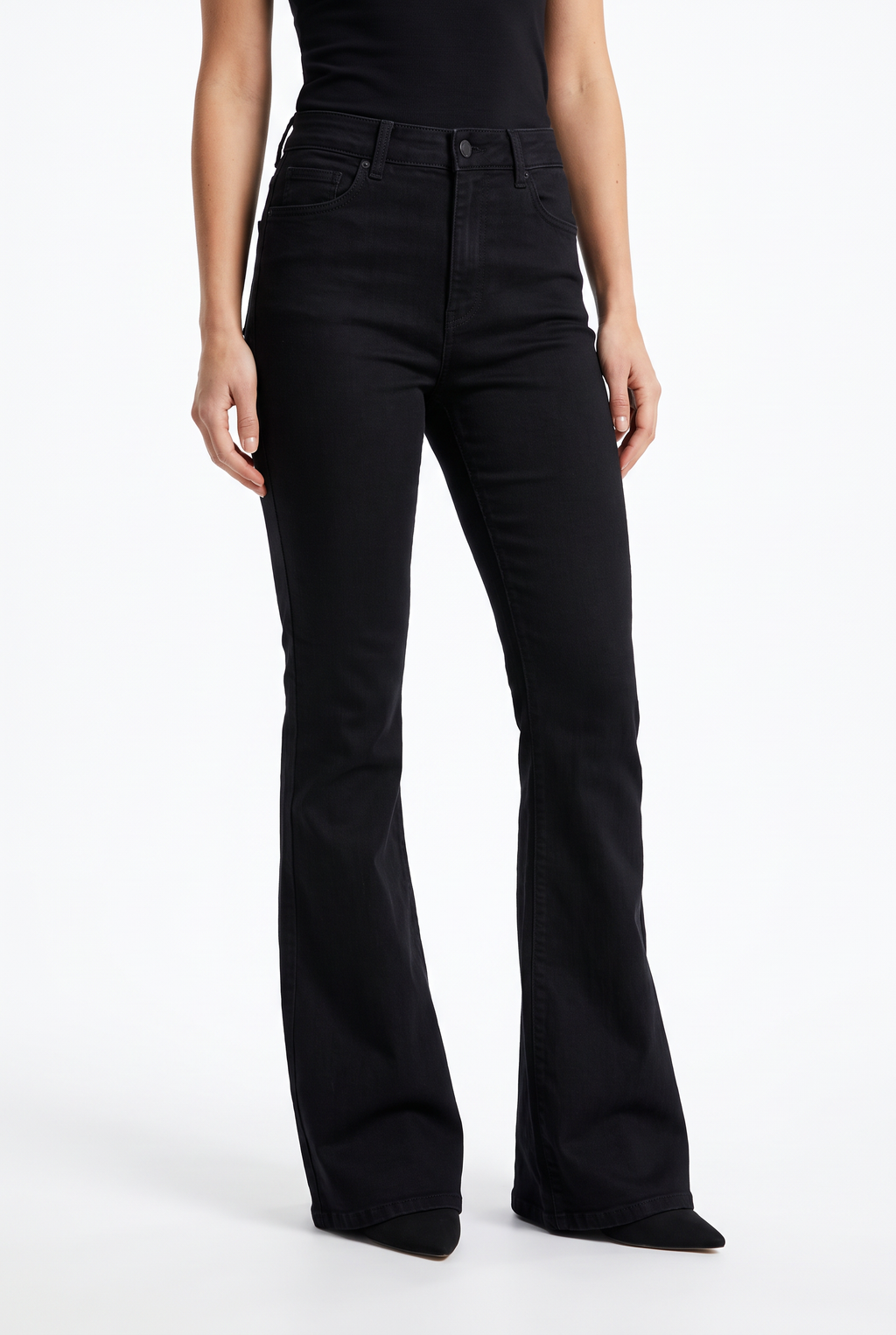 Flarejeans med Hög Midja i Stretchdenim - Svart