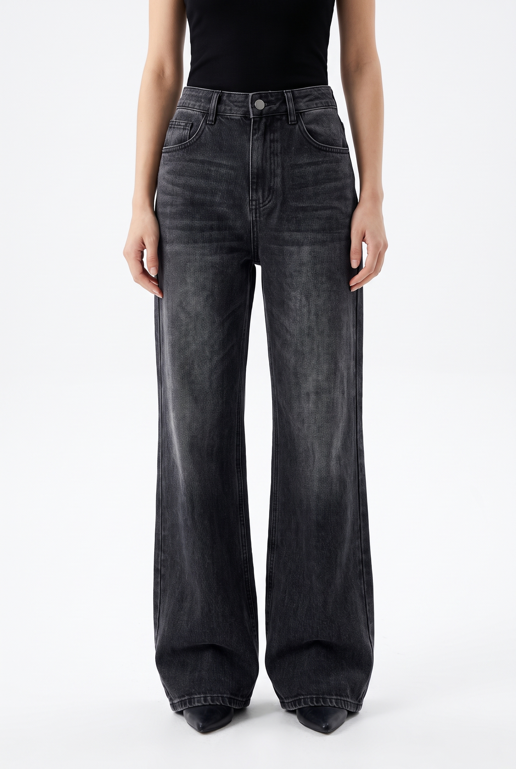 Högmidjade Jeans med Utsvängda Ben - Svart