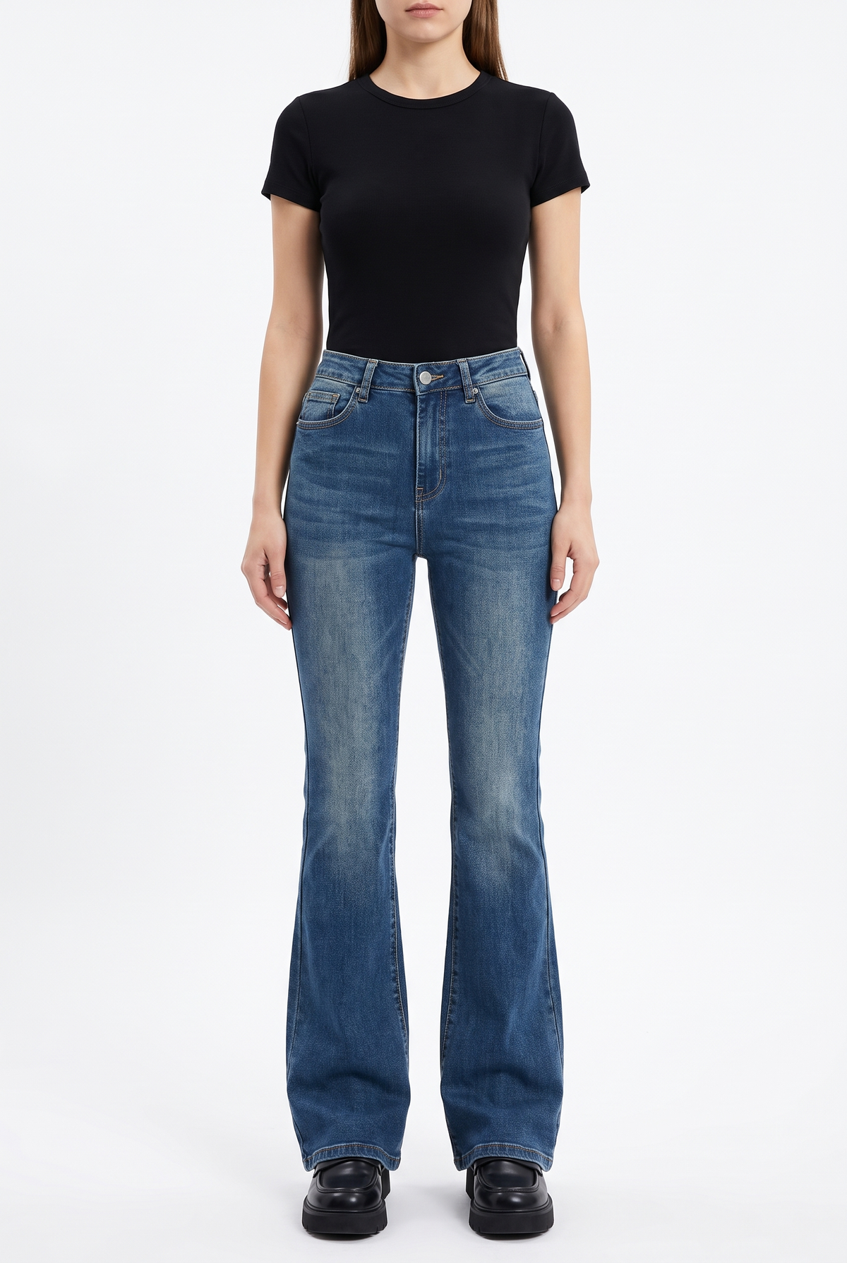 Flarejeans med Hög Midja i Stretchdenim - Retro Blå