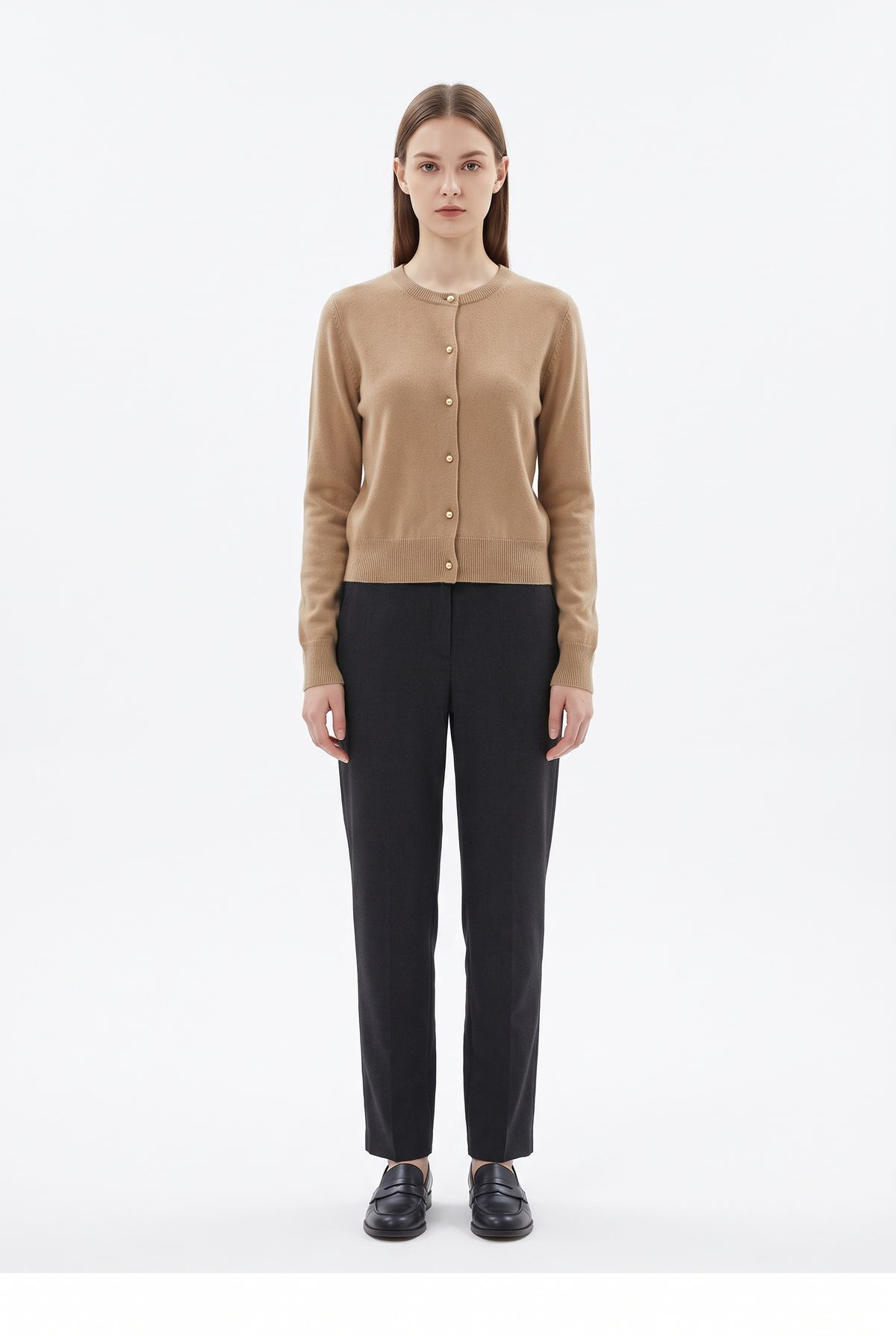 Tunn Stickad Kofta med Knappar - Beige - Fram