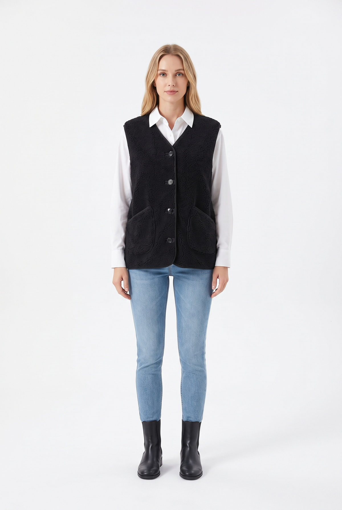 Väst i Teddyfleece med Knäppning - Svart - Fram