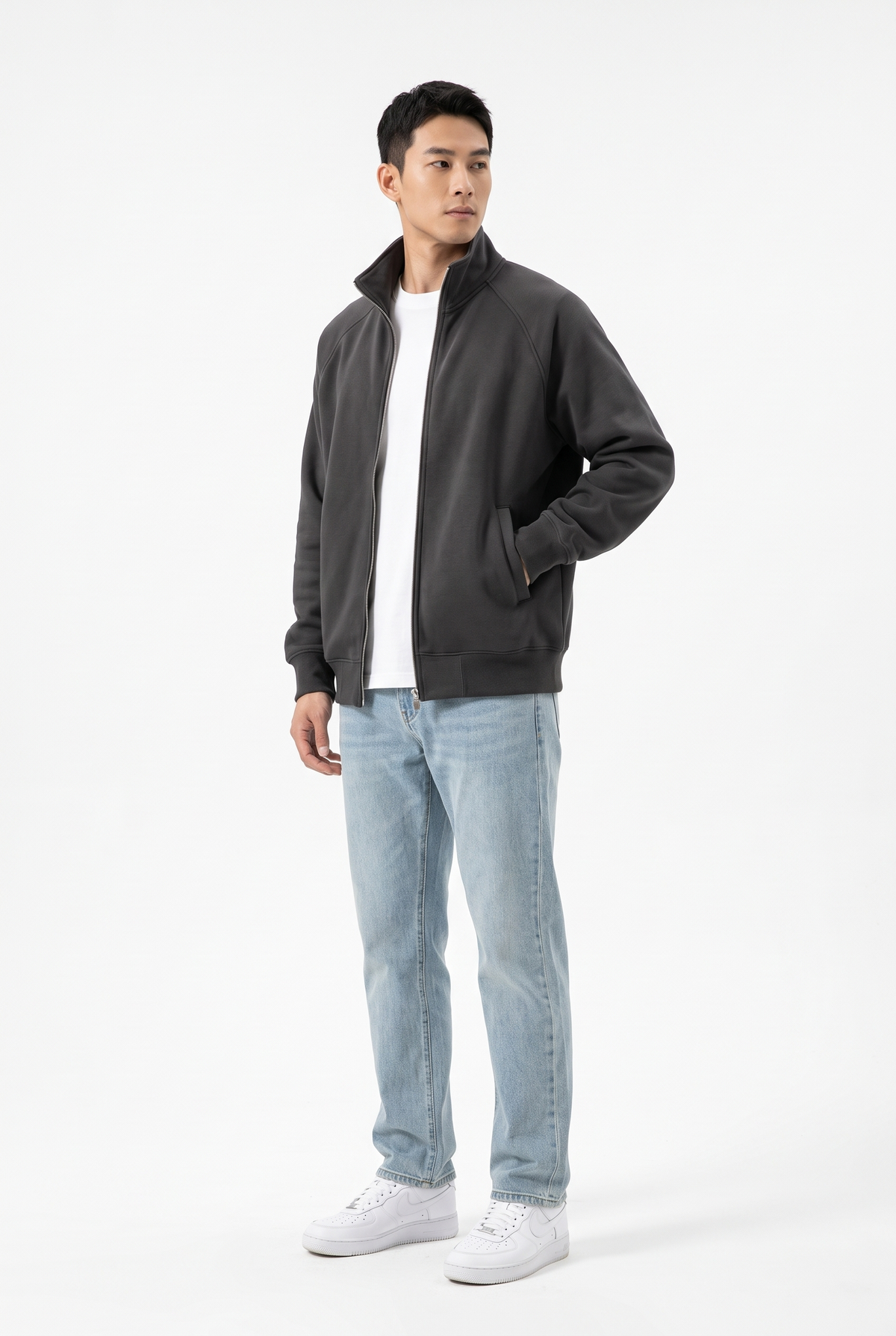 Zipjacka i Fleece med Ståkrage - Grå - 3/4