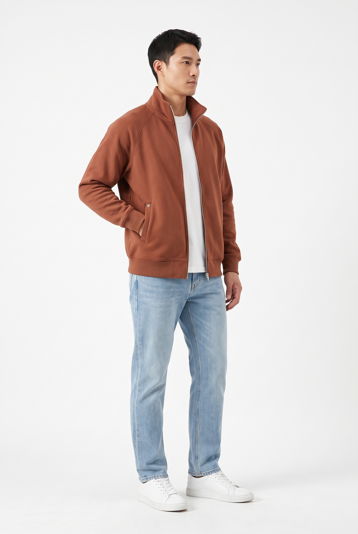 Zipjacka i Fleece med Ståkrage - Brun - 3/4