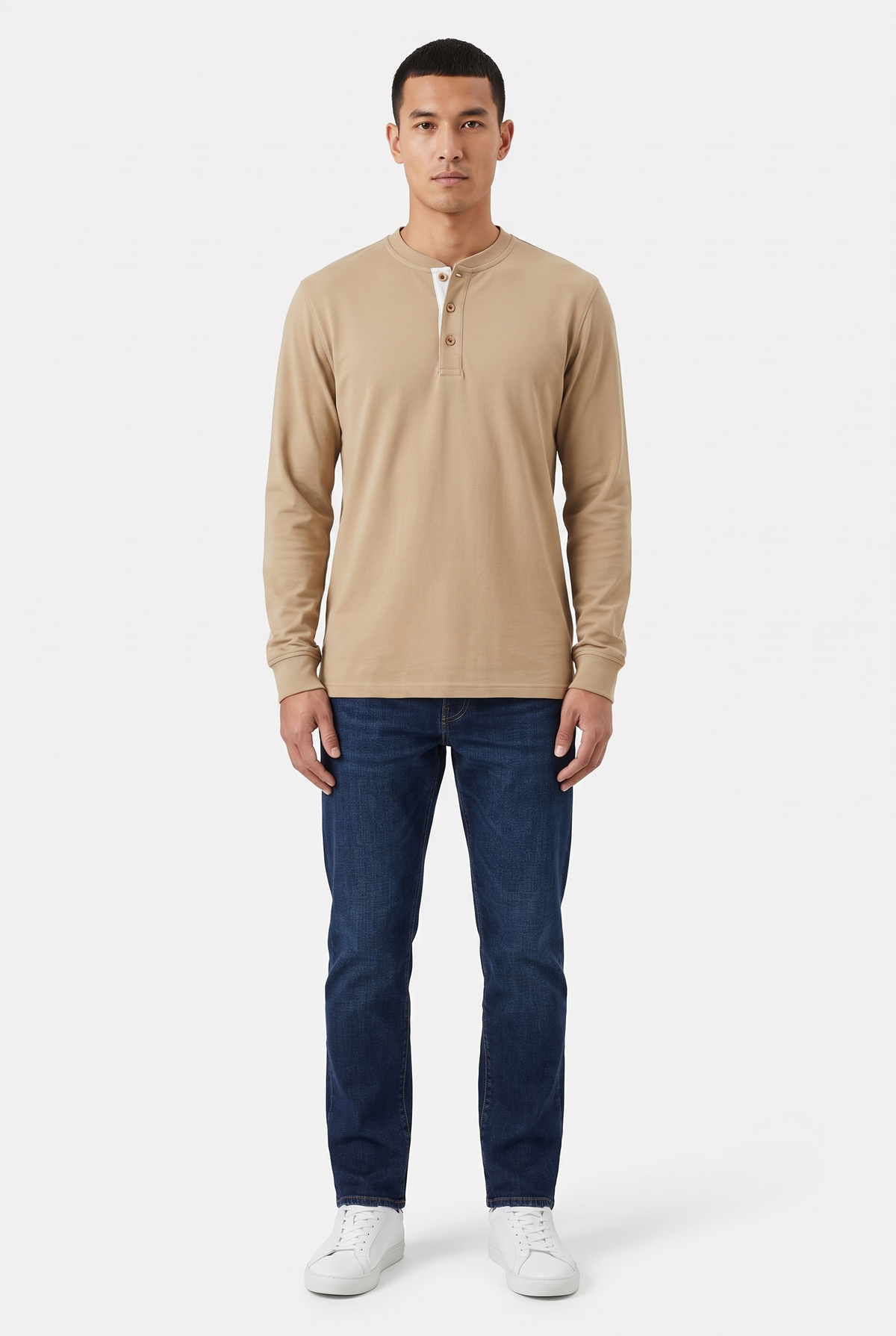 Tjock Henleytröja i 100 % Bomull - Beige - Fram