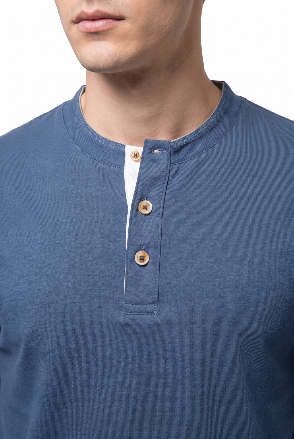 Tjock Henleytröja i 100 % Bomull - Denimblå - Närbild